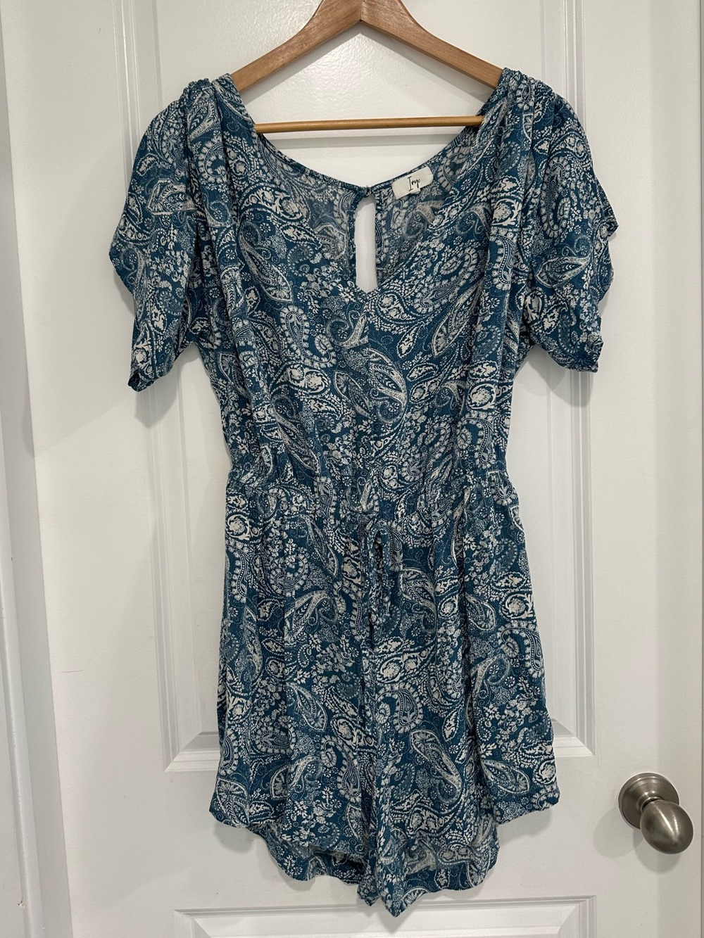 Blue and White Paisley Short Sleeve Romper - Women's Jumpsuit Size Medium